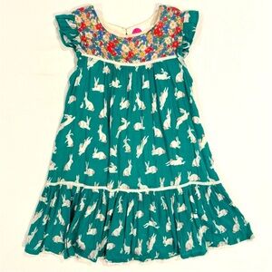 Mini Boden Bunny Rabbit Floral Dress Girls 5-6 Y Cotton Crinkle Lined Spring